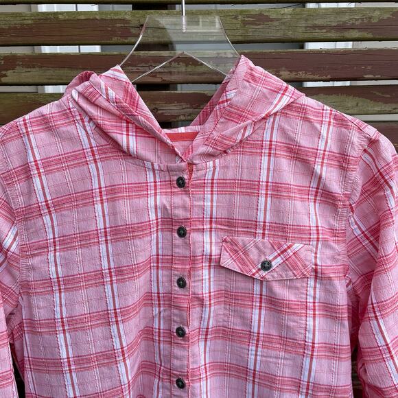 Prana Anja Hooded Shirt Plaid Roll Tab Button-Front Pullover Pink Size Medium - Picture 3 of 10